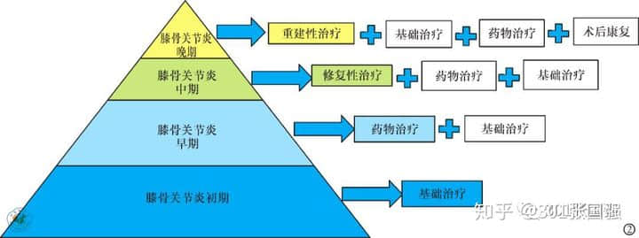 膝骨關(guān)節(jié)炎是一種老年常見(jiàn)病，多見(jiàn)于50歲以上人群，是引起老年人疼痛和殘疾的主要原因，常導(dǎo)致患者生活質(zhì)量下降。在門診中，我們經(jīng)常會(huì)碰到這樣的患者或家屬，他們關(guān)切的問(wèn)道：這個(gè)病能根治嗎，需要怎么治療？可以看出很多人對(duì)這一疾病還缺乏基本的認(rèn)知。

下面，我們來(lái)全面認(rèn)識(shí)下什么是膝骨關(guān)節(jié)炎。

★膝骨關(guān)節(jié)炎的概念★

膝骨關(guān)節(jié)炎還有一種說(shuō)法叫膝關(guān)節(jié)退行性變，通俗點(diǎn)說(shuō)就是關(guān)節(jié)老化了，這種老化的根源是關(guān)節(jié)軟骨的老化。

正常膝關(guān)節(jié)表面都有一層厚度約為3-5mm的軟骨，關(guān)節(jié)軟骨非常光滑，起到潤(rùn)滑、緩沖應(yīng)力的作用。

隨著年齡增長(zhǎng)軟骨會(huì)逐漸變薄，如果再伴有這些因素，比如：外傷，關(guān)節(jié)受力異常，韌帶或半月板損傷，先天發(fā)育不良，體重過(guò)大等，就會(huì)加速軟骨的磨損老化。

關(guān)節(jié)軟骨結(jié)構(gòu)的完整性非常重要，一旦損傷，會(huì)導(dǎo)致關(guān)節(jié)腫脹和疼痛，加速破壞，發(fā)展成骨關(guān)節(jié)炎。

由于關(guān)節(jié)軟骨中沒(méi)有血管，其營(yíng)養(yǎng)物質(zhì)依靠關(guān)節(jié)液供應(yīng)，其本身也不含可以分化再生的細(xì)胞，一旦損傷后很難自我修復(fù)或再生。

雖然近幾年來(lái)對(duì)于軟骨修復(fù)和軟骨再生的研究有了一些成果，但現(xiàn)階段來(lái)看，對(duì)于老年骨關(guān)節(jié)炎的軟骨再生是不可能的。








圖：左側(cè)為健康的膝關(guān)節(jié)（軟骨完整），右側(cè)為骨關(guān)節(jié)炎的膝關(guān)節(jié)炎（軟骨破壞）

所以說(shuō)膝骨關(guān)節(jié)炎是不可能治愈的，但是對(duì)于不同嚴(yán)重程度的膝骨關(guān)節(jié)炎，通過(guò)正確有效的治療，可以緩解或消除疼痛，延緩關(guān)節(jié)老化速度，改善或恢復(fù)關(guān)節(jié)功能，提高患者的生活質(zhì)量，實(shí)現(xiàn)臨床治愈。

那么該如何正確有效的治療呢？

★膝骨關(guān)節(jié)炎的治療★

膝骨關(guān)節(jié)炎可根據(jù)疼痛及對(duì)日?；顒?dòng)的影響程度分為初期、早期、中期和晚期，針對(duì)不同分期，有不同的治療策略。








中華醫(yī)學(xué)會(huì)《骨關(guān)節(jié)炎診療指南》2018 年版，針對(duì)不同分期的膝骨關(guān)節(jié)炎提出基礎(chǔ)治療、藥物治療、修復(fù)性治療和重建治療四層次的金字塔型的階梯治療策略。

基礎(chǔ)治療
基礎(chǔ)治療包括：健康教育，運(yùn)動(dòng)治療，物理治療和行為支持治療。對(duì)癥狀較輕的初期患者這是首選的治療方式。強(qiáng)調(diào)改變生活及工作方式的重要性，使患者樹(shù)立正確的治療目標(biāo)，減輕疼痛、改善和維持關(guān)節(jié)功能，延緩疾病進(jìn)展。

藥物治療
按藥物使用途徑分為外用藥物、口服藥物、關(guān)節(jié)腔內(nèi)注射藥物等。

口服藥物：在使用口服藥物前，建議先選擇局部外用藥物，尤其是老年人，可使用各種NSAIDs類藥物的凝膠貼膏、乳膠劑、膏劑、貼劑等，如氟比洛芬凝膠貼膏、扶他林乳膏等。口服藥物中最常用的是NSAIDs類鎮(zhèn)痛藥，但要注意NSAIDs類藥物過(guò)量使用并不能增強(qiáng)療效、可能會(huì)增加毒副反應(yīng)。

關(guān)節(jié)腔注射藥物：對(duì)早中期可緩解疼痛，改善關(guān)節(jié)功能，但該方法是侵入性治療，可能會(huì)增加感染的風(fēng)險(xiǎn)，必須嚴(yán)格無(wú)菌操作及規(guī)范操作，而且最新的國(guó)際指南并不推薦關(guān)節(jié)腔注射。

手術(shù)治療
修復(fù)性治療包括：關(guān)節(jié)鏡手術(shù)，關(guān)節(jié)軟骨修復(fù)術(shù)及生物治療，膝關(guān)節(jié)周圍截骨術(shù)。

關(guān)節(jié)鏡清理：主要針對(duì)伴有“膝關(guān)節(jié)卡頓”或半月板撕裂等癥狀的患者，通過(guò)關(guān)節(jié)鏡下摘除游離體、清理半月板碎片及增生的滑膜等，能減輕部分早中期患者的癥狀，但有研究認(rèn)為其遠(yuǎn)期療效與保守治療相當(dāng)，最新的國(guó)際指南也不推薦關(guān)節(jié)鏡手術(shù)作為癥狀性骨關(guān)節(jié)炎患者的治療手段。

關(guān)節(jié)軟骨修復(fù)術(shù)及生物治療:療效尚需進(jìn)一步研究探索。

膝關(guān)節(jié)周圍截骨術(shù)：是經(jīng)典的保膝治療手段，最常用的是脛骨高位截骨術(shù)（HTO）。該方法通過(guò)改變力線來(lái)改變關(guān)節(jié)面的接觸面，就像是一顆小樹(shù)長(zhǎng)歪了，我們通過(guò)外力把它變直。該方法可以有效緩解甚至消除疼痛，大部分患者可不需再行關(guān)節(jié)置換。該方法適合青中年活動(dòng)量大、力線不佳的患者。


重建性手術(shù)：主要是人工關(guān)節(jié)置換術(shù)，包括膝關(guān)節(jié)部分置換術(shù)（單髁置換術(shù)）和全膝關(guān)節(jié)置換術(shù)。


單髁置換術(shù)：適用于當(dāng)膝關(guān)節(jié)的軟骨只有一個(gè)地方受累，而且關(guān)節(jié)韌帶功能完好的情況下。這是一種微創(chuàng)手術(shù)，該技術(shù)能盡可能保留正常的關(guān)節(jié)結(jié)構(gòu)，具有創(chuàng)傷小，恢復(fù)快，術(shù)后關(guān)節(jié)自我感覺(jué)好等優(yōu)點(diǎn)，十年優(yōu)良率在95%左右。但是當(dāng)關(guān)節(jié)軟骨多個(gè)部分或全部都受累時(shí)，單髁置換就不能解決問(wèn)題了。這時(shí)需要全膝關(guān)節(jié)置換。


全膝關(guān)節(jié)置換術(shù)：是針對(duì)終末期骨關(guān)節(jié)炎成熟且有效的治療方法，尤其是伴有各種嚴(yán)重畸形時(shí)，能非常有效的解除患者病痛，極大提高患者生活質(zhì)量。術(shù)后絕大多數(shù)患者遠(yuǎn)期效果滿意，15-20年假體生存率可達(dá)90%。

結(jié)語(yǔ)
隨著人類壽命的延長(zhǎng)，人口老齡化，骨關(guān)節(jié)炎的發(fā)生率逐年增加，嚴(yán)重影響人們的生活質(zhì)量和健康，給社會(huì)造成巨大的經(jīng)濟(jì)負(fù)擔(dān)和壓力。所以，從年輕時(shí)我們就該引起重視，預(yù)防骨關(guān)節(jié)炎的發(fā)生。在出現(xiàn)癥狀的骨關(guān)節(jié)炎初期、早期，要正確認(rèn)識(shí)，通過(guò)積極的基礎(chǔ)治療和藥物治療，盡可能減緩病情進(jìn)展。

當(dāng)中晚期時(shí)，要根據(jù)病情、年齡、社會(huì)活動(dòng)的不同層次，以及關(guān)節(jié)間室累及情況，選擇合適的手術(shù)方案。特別是當(dāng)疼痛癥狀較重，嚴(yán)重影響生活質(zhì)量時(shí)，應(yīng)盡早進(jìn)行手術(shù)治療，而不是往后拖。